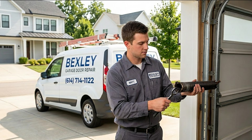 Professional technician providing garage door repair in New Albany, Ohio neighborhood