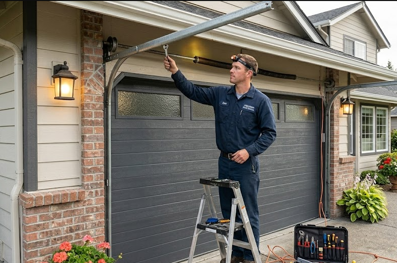Certified technician fixing garage door springs in Grandview Heights, Ohio 43212