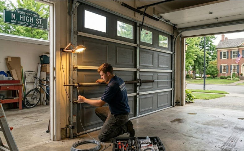 Certified technician providing professional garage door repair in Worthington, Ohio neighborhood